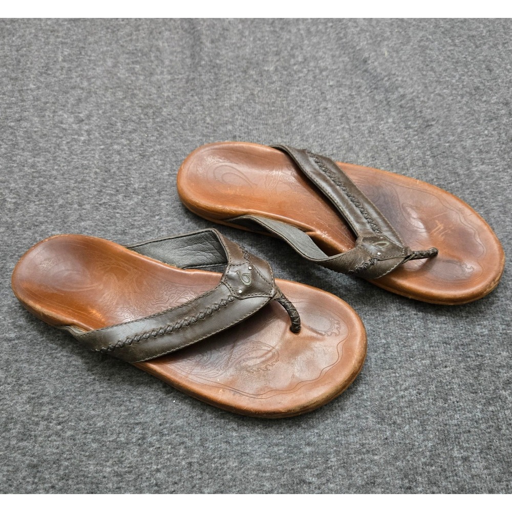 Olukai Mea Ola Men 13 Dark Java Leather Flip Flop Sandals Beach Resort Surf